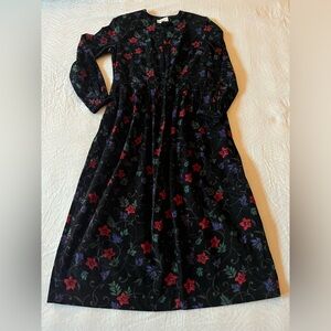Vintage Talbots Black Corduroy Cotton Midi floral Print Dress Size 6